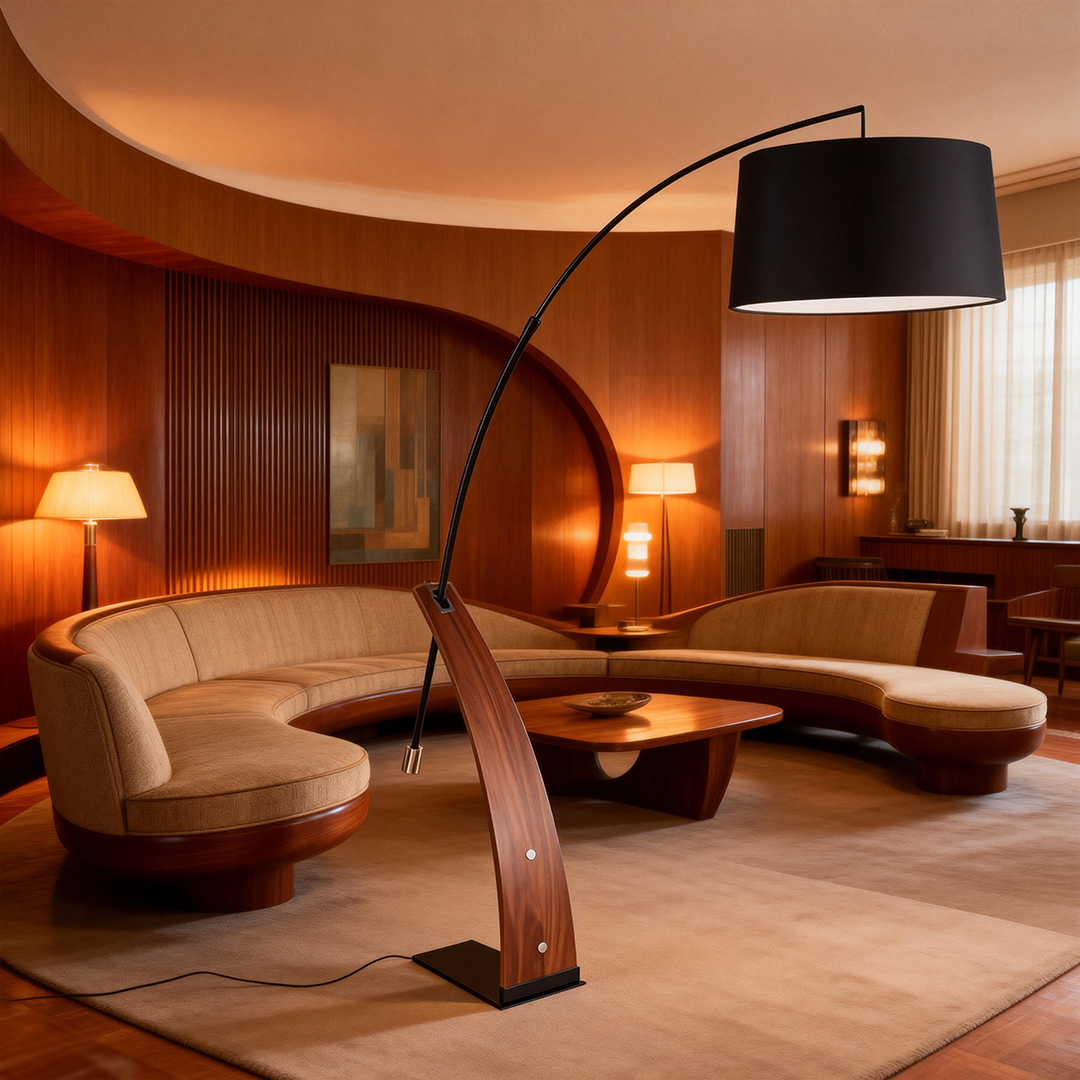 Mid-Century Modern Floor Lamp with Walnut Wood Frame and Marble Base