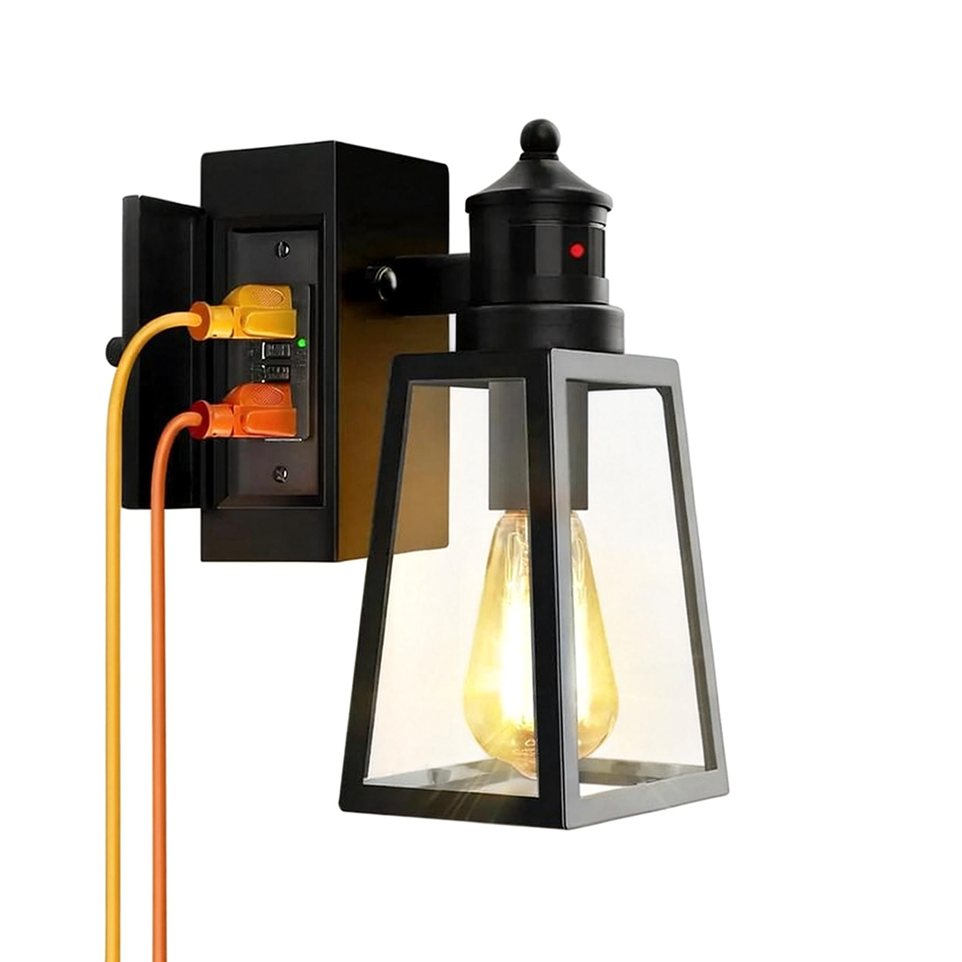 OKELI Porch Light with GFCI Outlet, Motion Sensor Dusk to Dawn Outdoor Wall Lights, 3 Lighting Modes