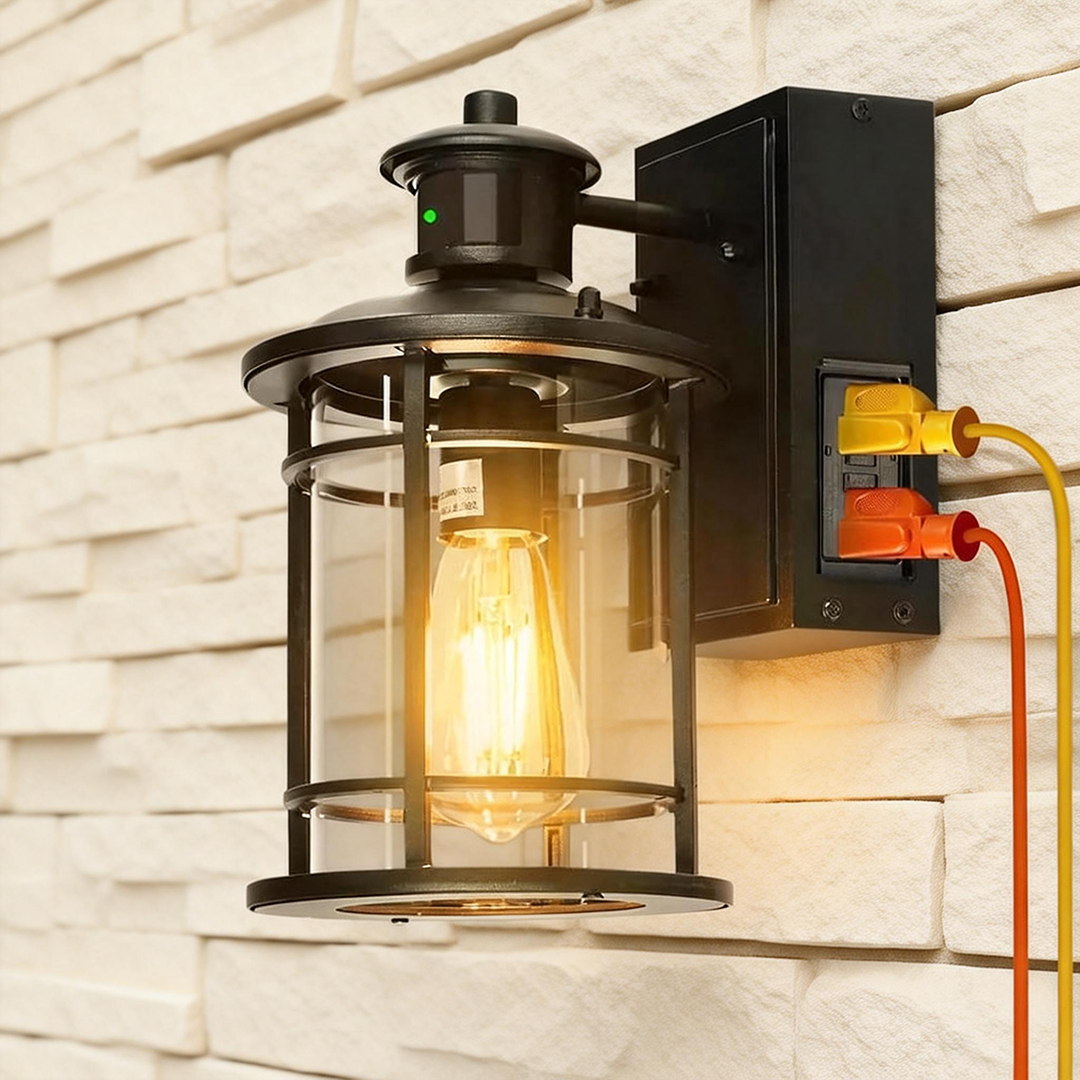 Porch Lights with GFCI Outlet, Dusk to Dawn Motion Sensor Outdoor Wall Lights