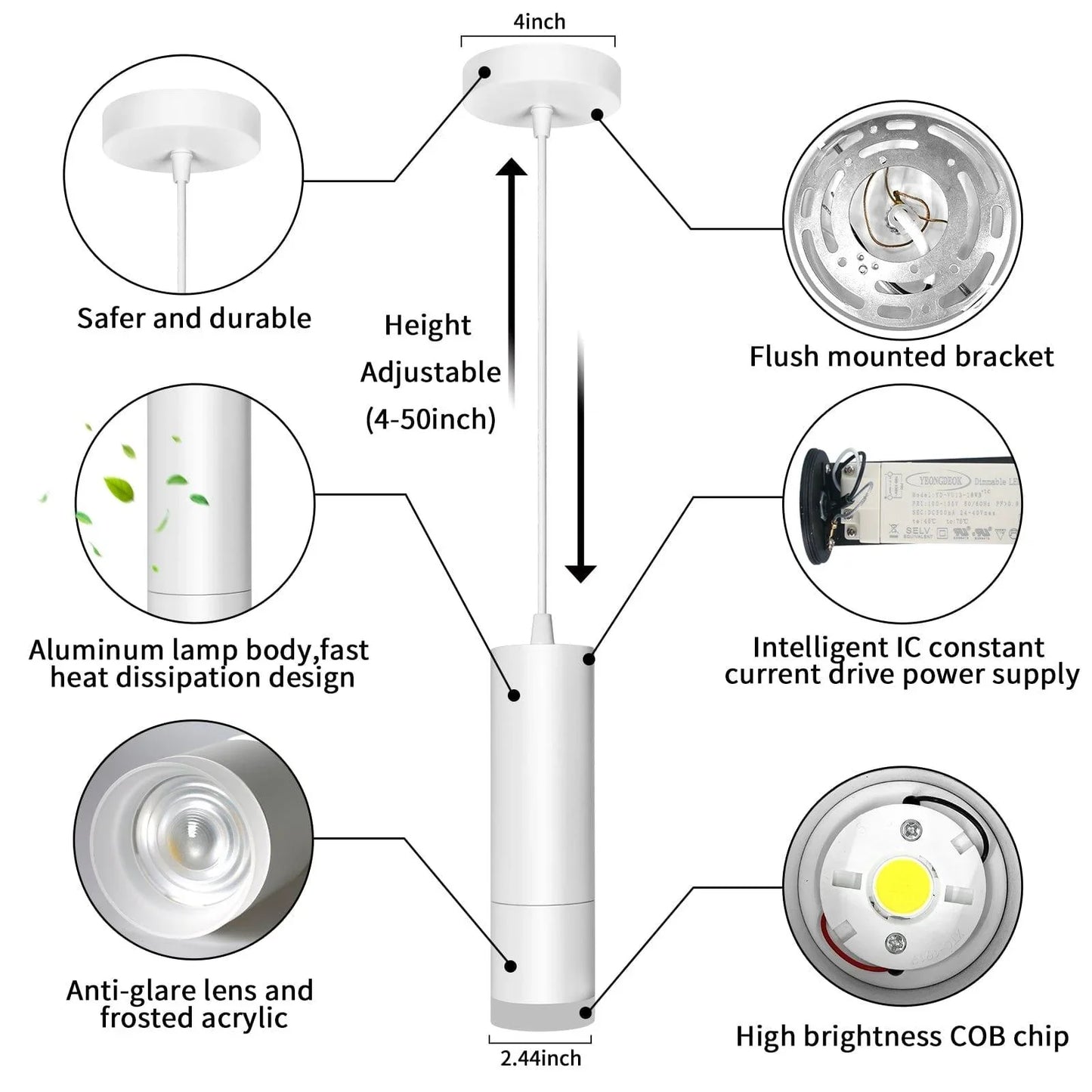 OKELI White Modern Pendant Lights LED Mini Kitchen Island Lights Adjustable Focus 1-Pack - okeli lights