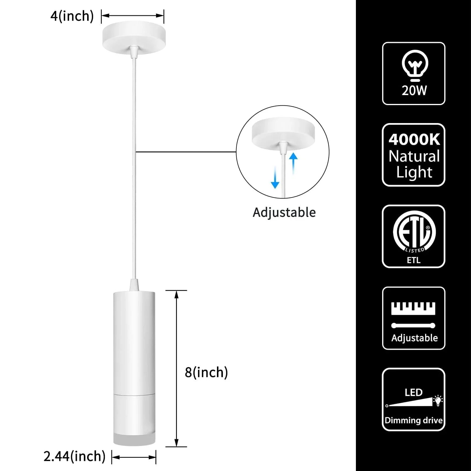 OKELI White Modern Pendant Lights LED Mini Kitchen Island Lights Adjustable Focus 1-Pack - okeli lights