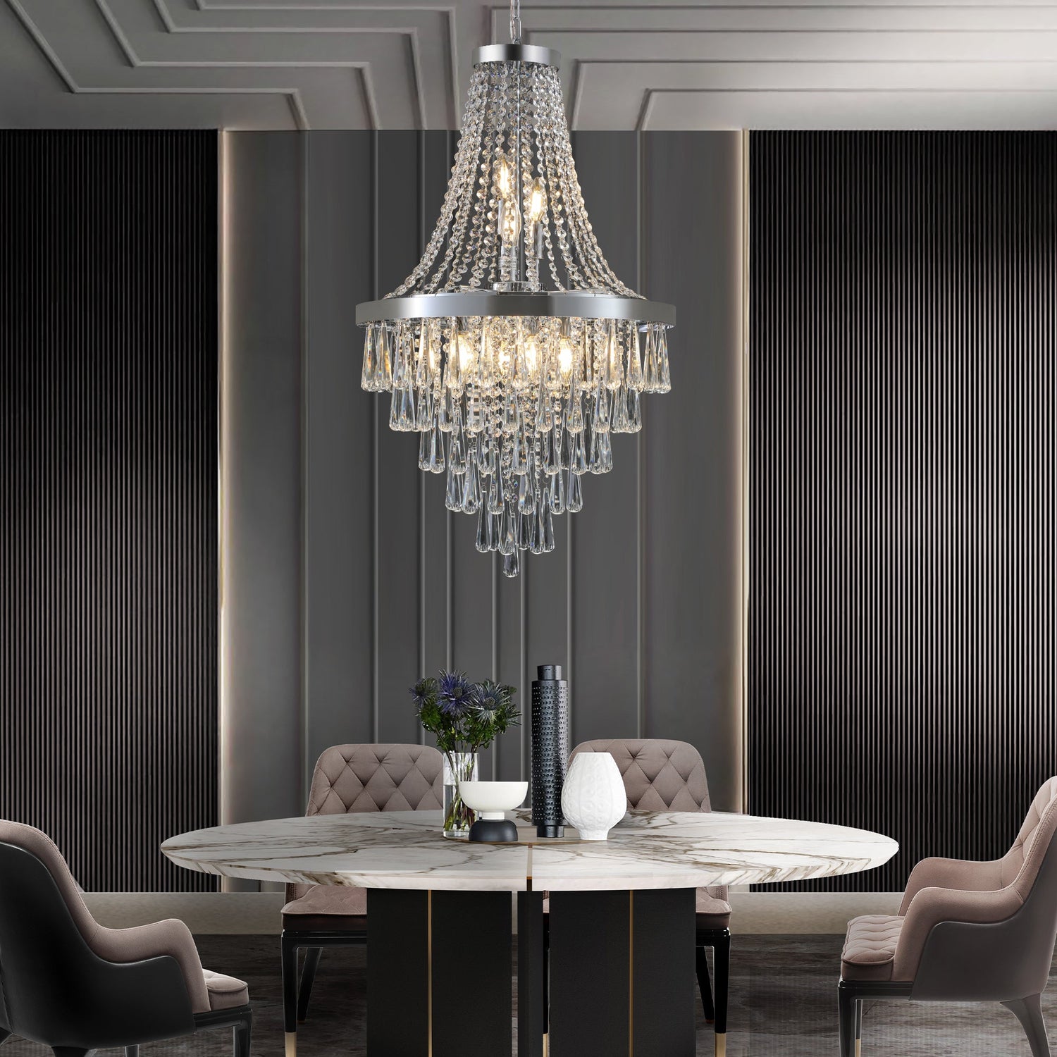 Illuminate Space Elegantly with 20" Chrome Crystal Chandelier