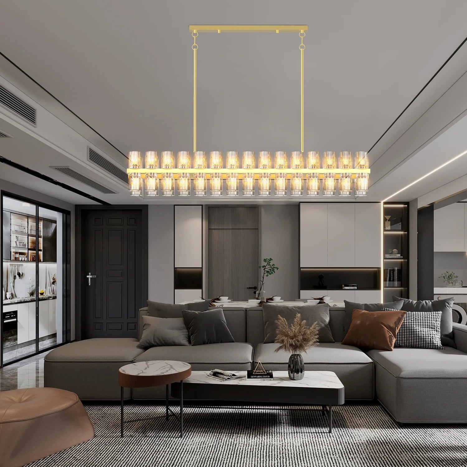 Modern living room with crystal brass rectangle chandelier over grey sectional sofa