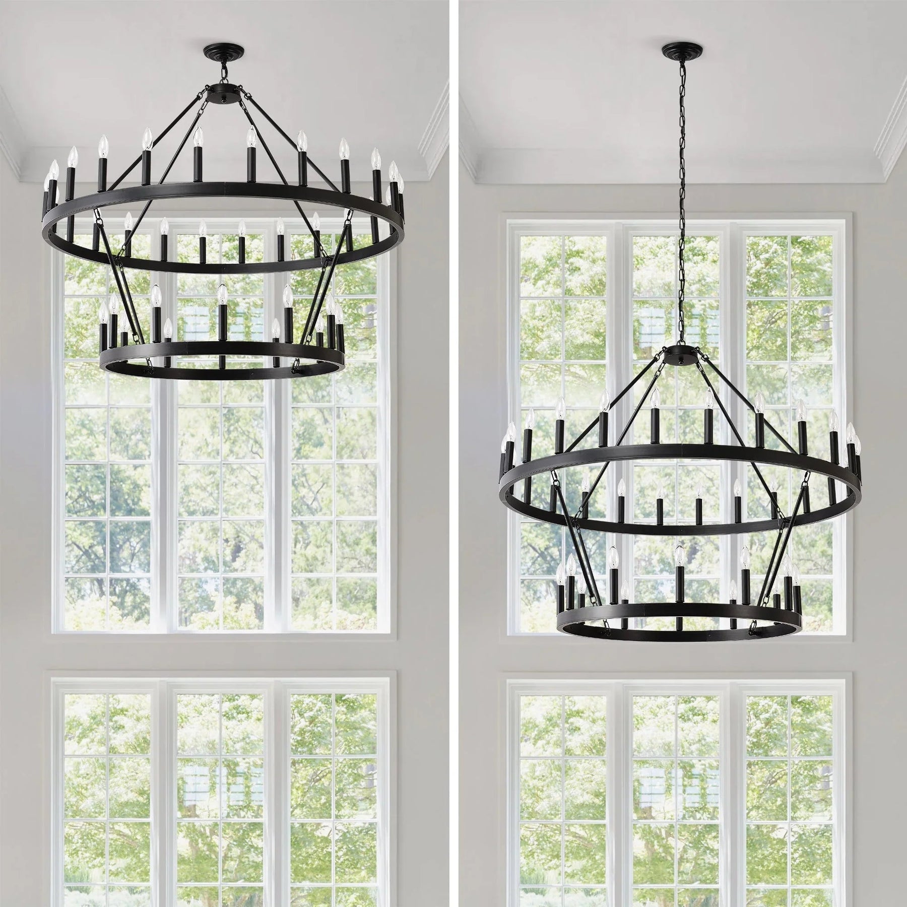 Farmhouse wagon wheel chandelier with black metal frame in a bright room with large windows