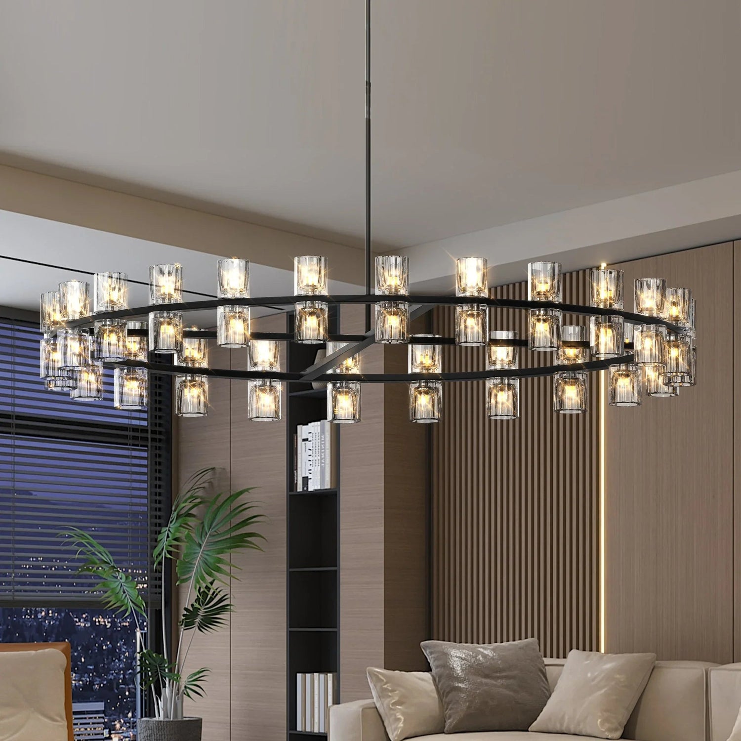 Modern crystal chandelier with glass lights in a luxury living room setting