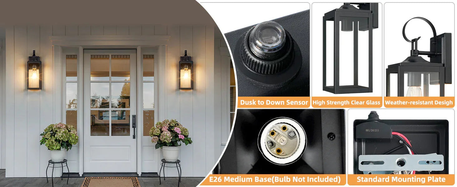 Outdoor wall lantern lights on white house front porch with dusk-to-dawn sensor and weather-resistant design