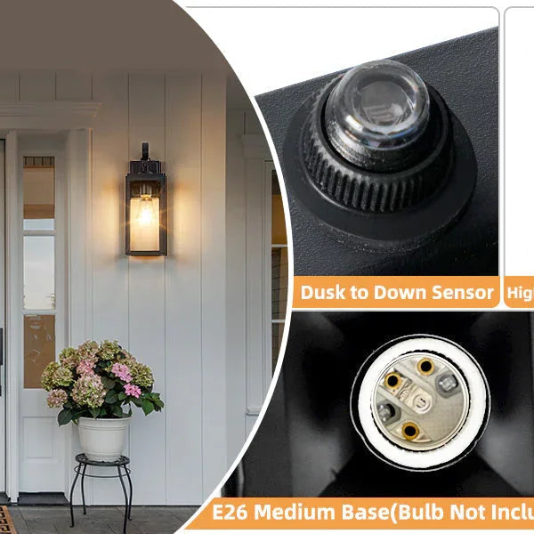 Outdoor wall lantern lights on white house front porch with dusk-to-dawn sensor and weather-resistant design