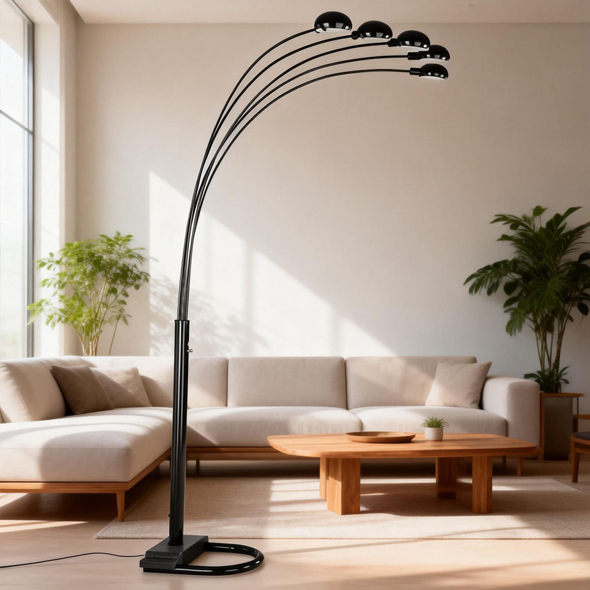 Satin Black 5-Light Floor Lamp with Adjustable Arms and Dimmer Modern Contemporary Living Room Lighting