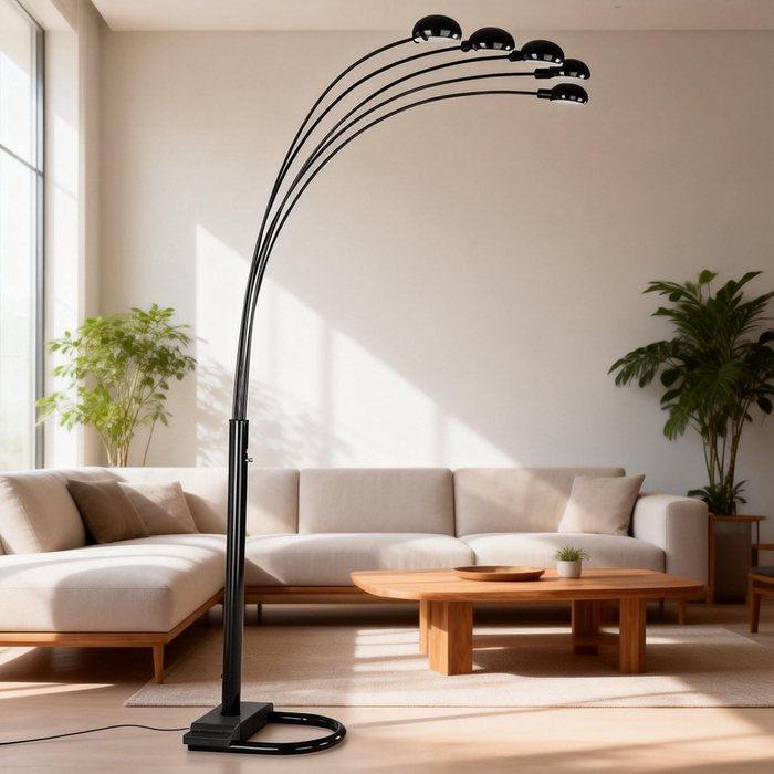 Satin Black 5-Light Floor Lamp with Adjustable Arms and Dimmer Modern Contemporary Living Room Lighting