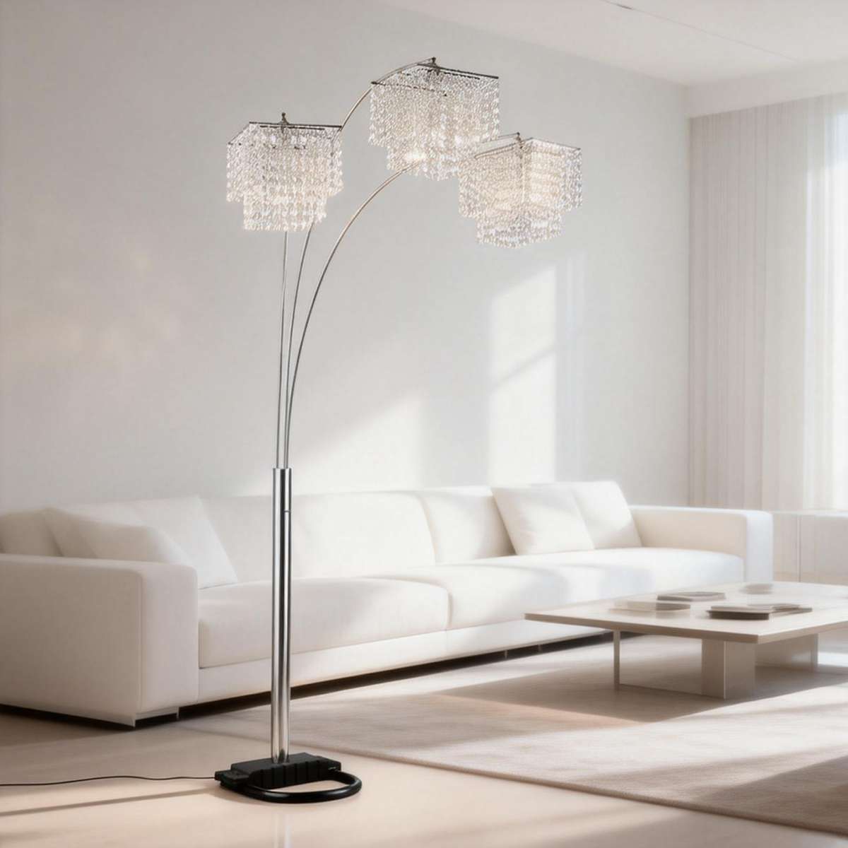 Chrome Hanging Crystal Arc Floor Lamp Modern Luxury Floor Light with Crystal Drop Shades