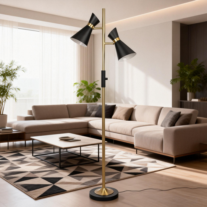 Brassed Gold Floor Lamp with 4-Way Switch Double Spots with Metal Base