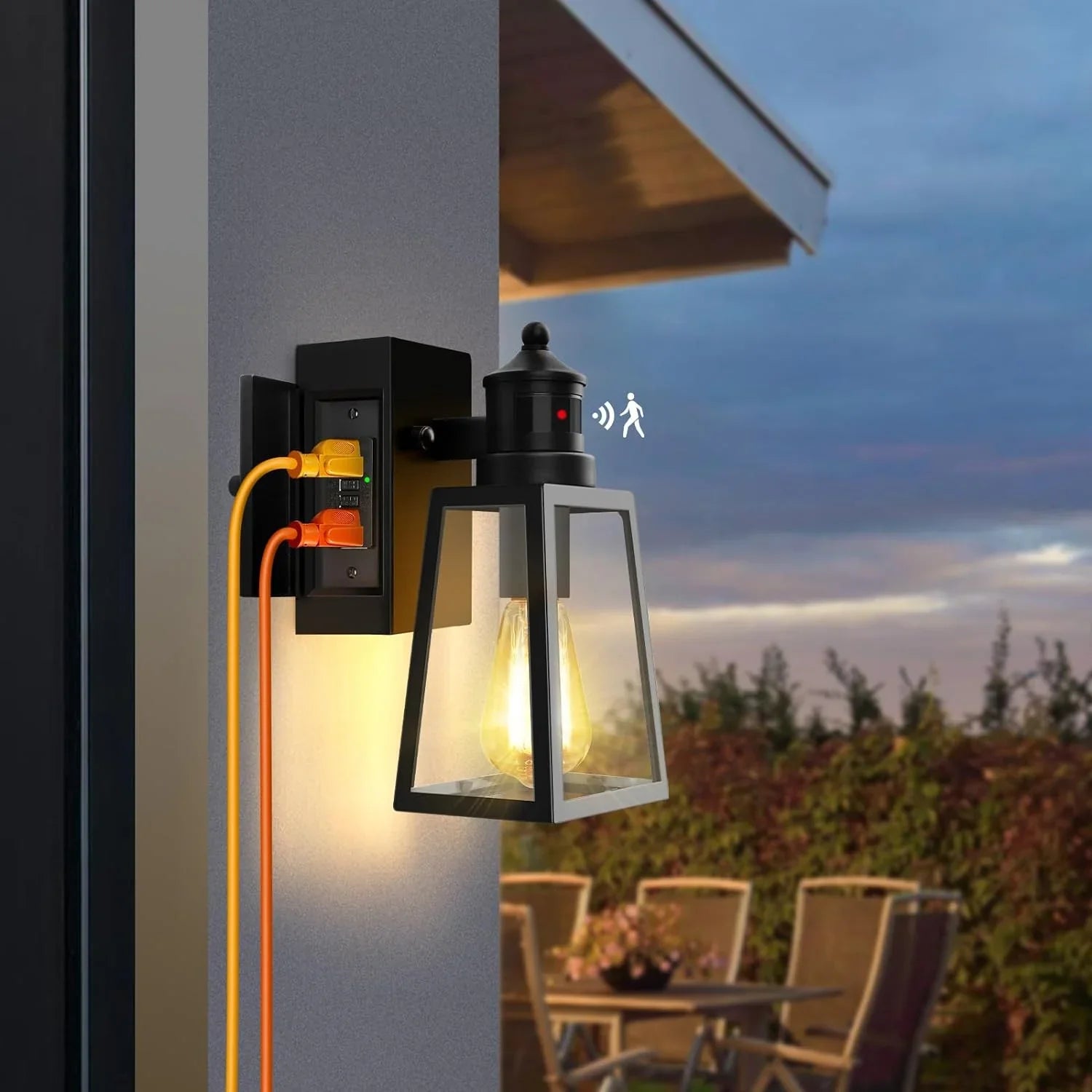 OKELI Porch Light with GFCI Outlet, Motion Sensor Dusk to Dawn Outdoor Wall Lights, 3 Lighting Modes - okeli lights