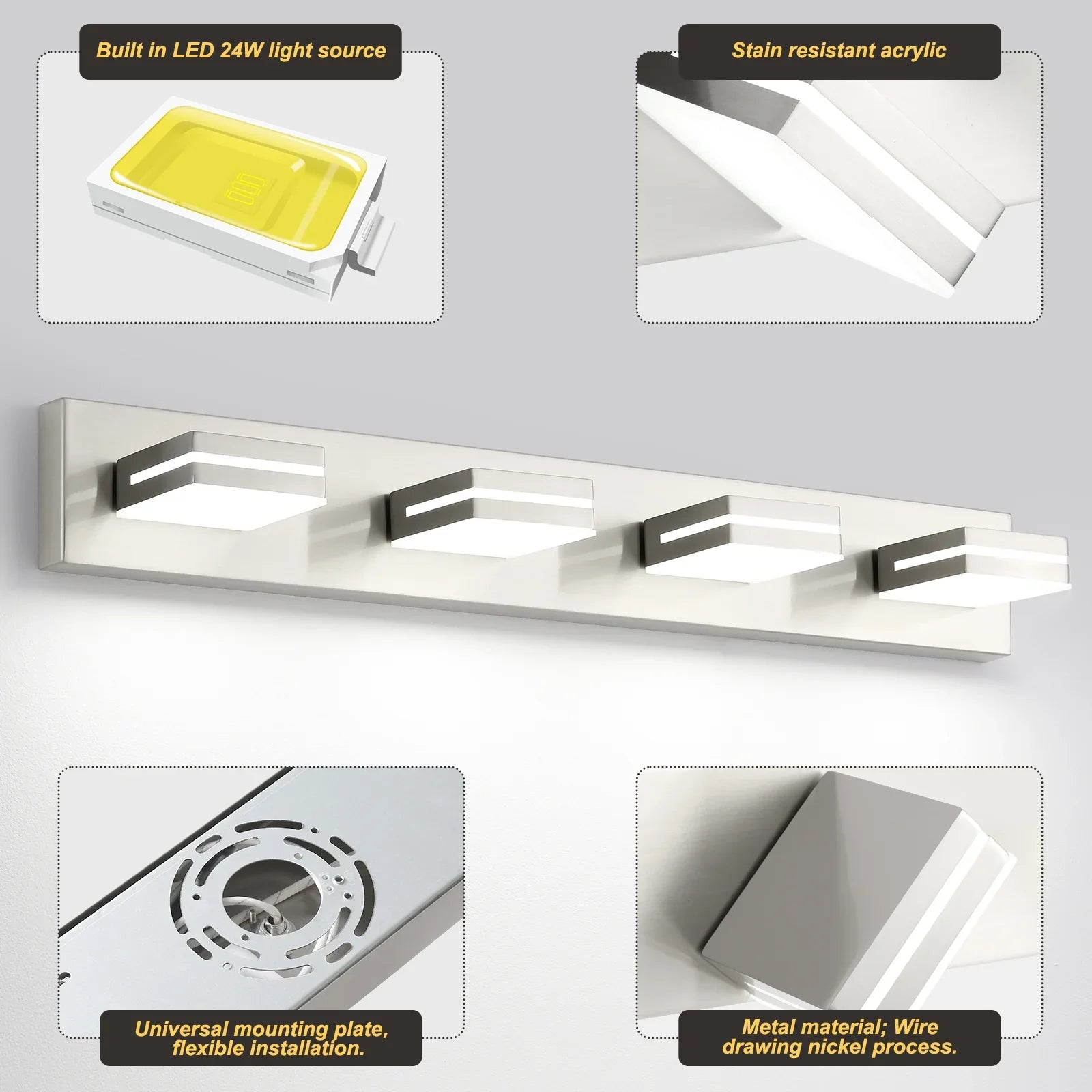 Bathroom Vanity Light Fixtures Brushed Nickel LED Dimmable Modern Wall Mounted Lighting 4 Lights - okeli lights