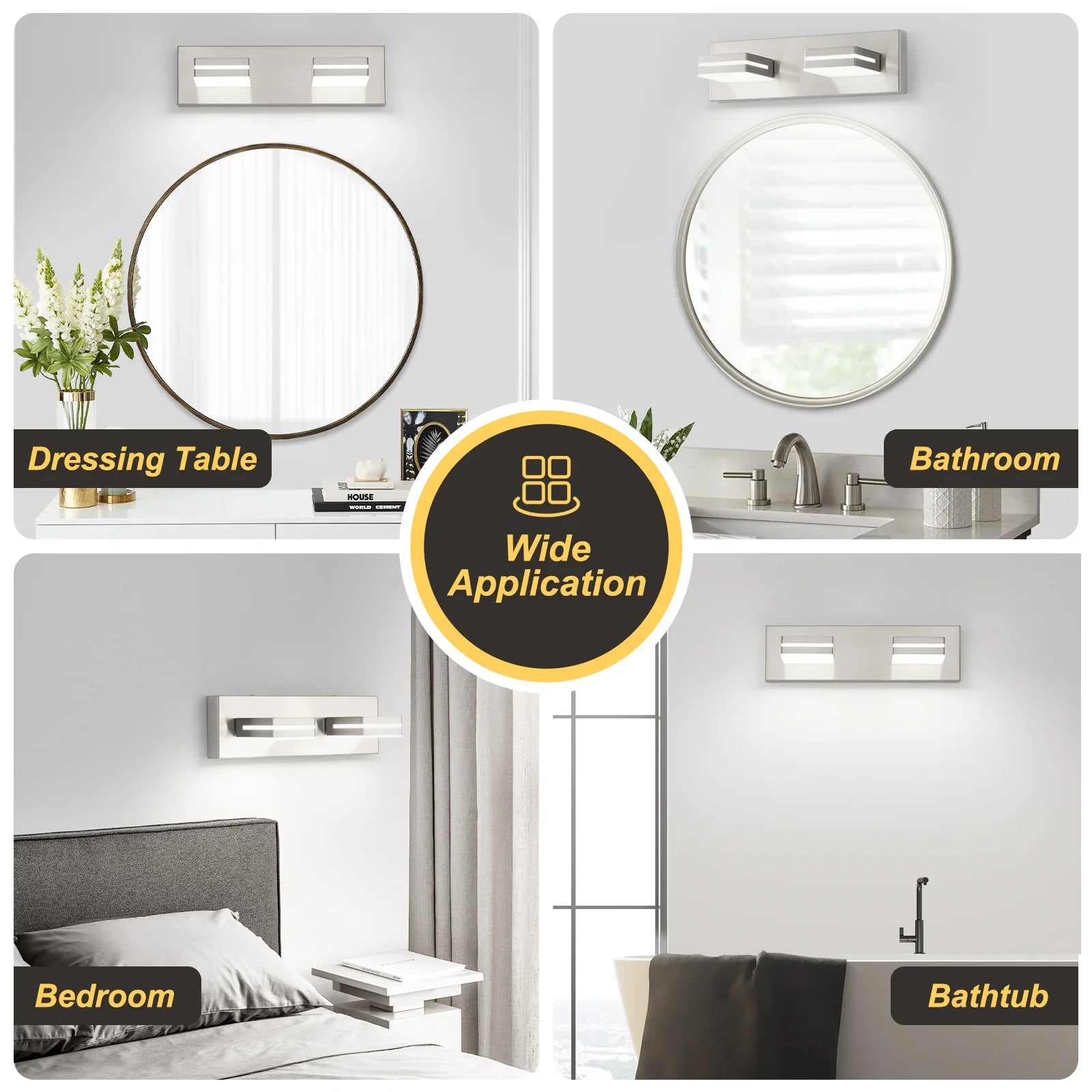 Bathroom Vanity Light Fixture 2-Light Brushed Nickel Gold Modern Mirror  Dimmable 24W ETL Listed