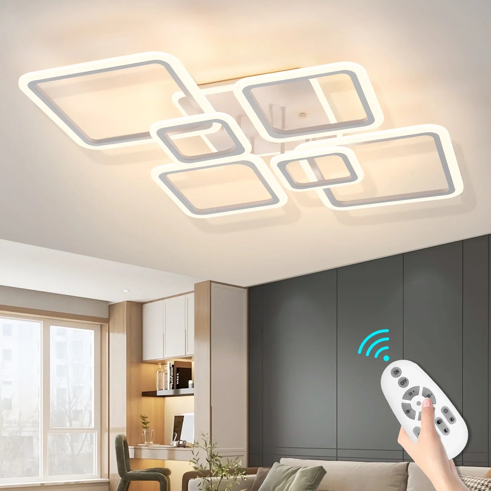 Modern Ceiling Light LED Dimmable Acrylic Square 6+1 Rings with Remote - okeli lights