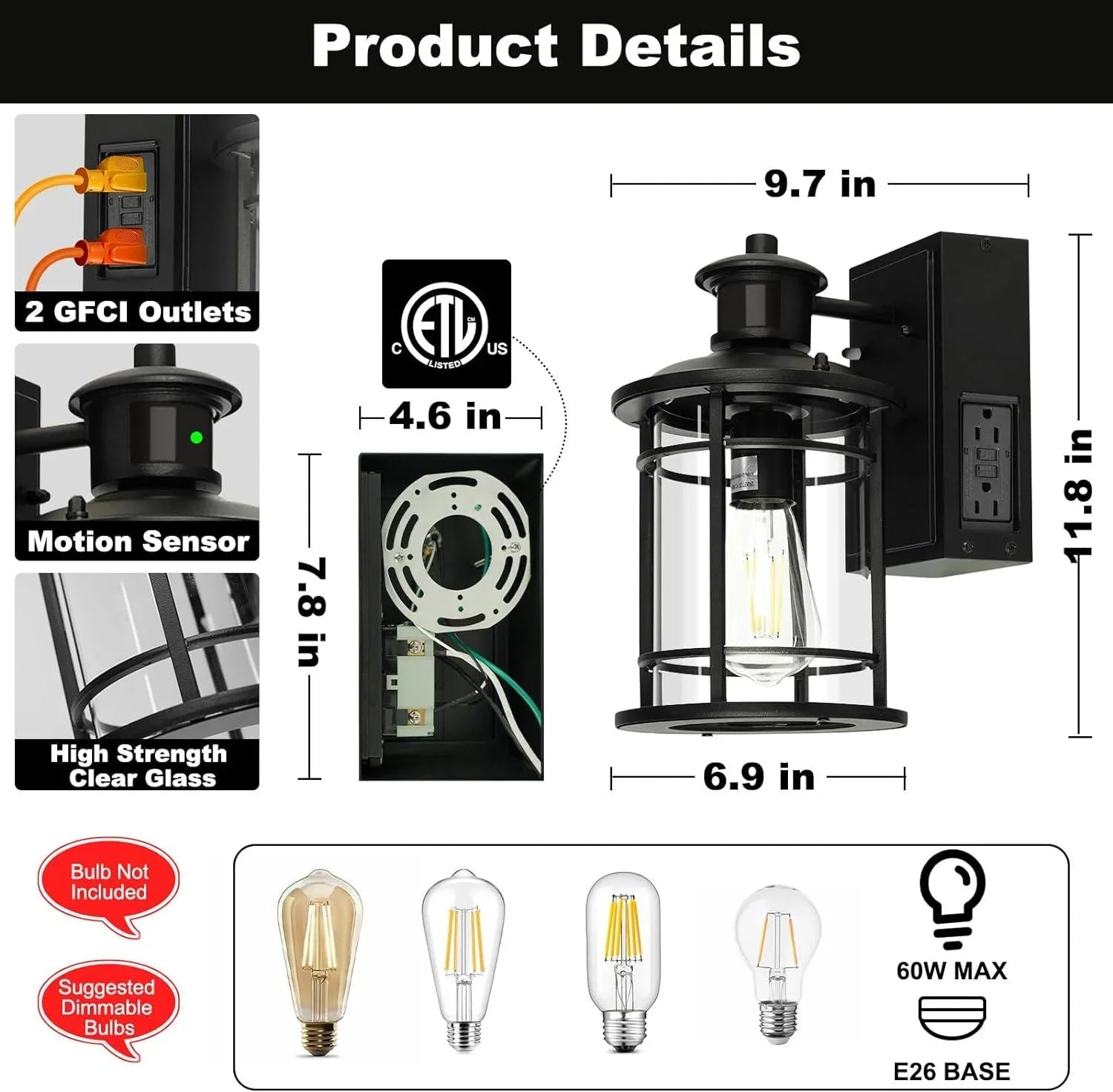 Porch Lights with GFCI Outlet, Dusk to Dawn Motion Sensor Outdoor Wall Lights - okeli lights