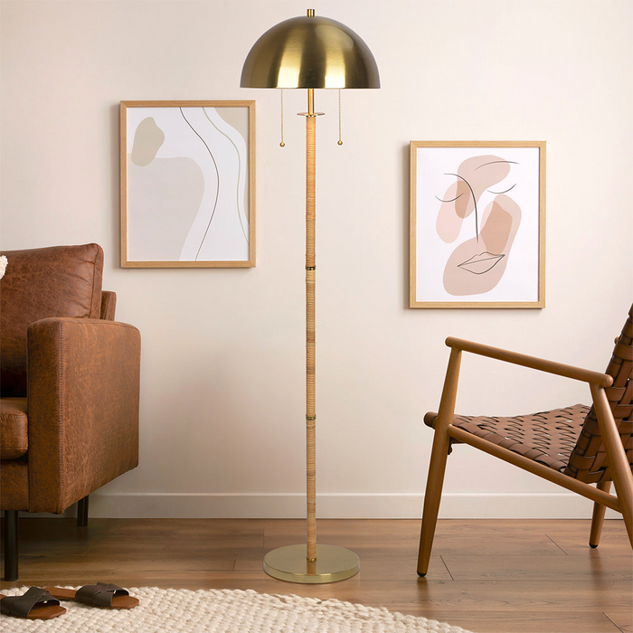 2-Light Floor Lamp Gold Brass Natural Rattan Tube Double On/Off Pull Chain