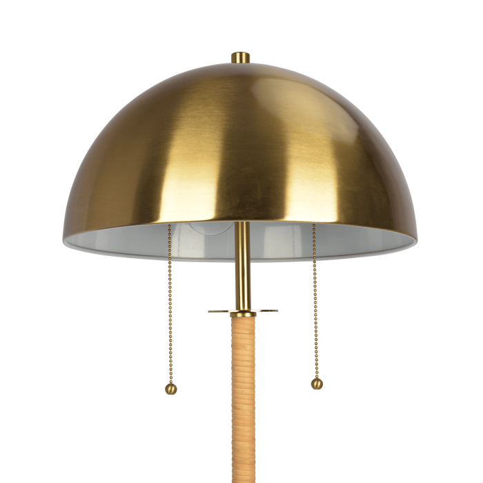 2-Light Floor Lamp Gold Brass Natural Rattan Tube Double On/Off Pull Chain