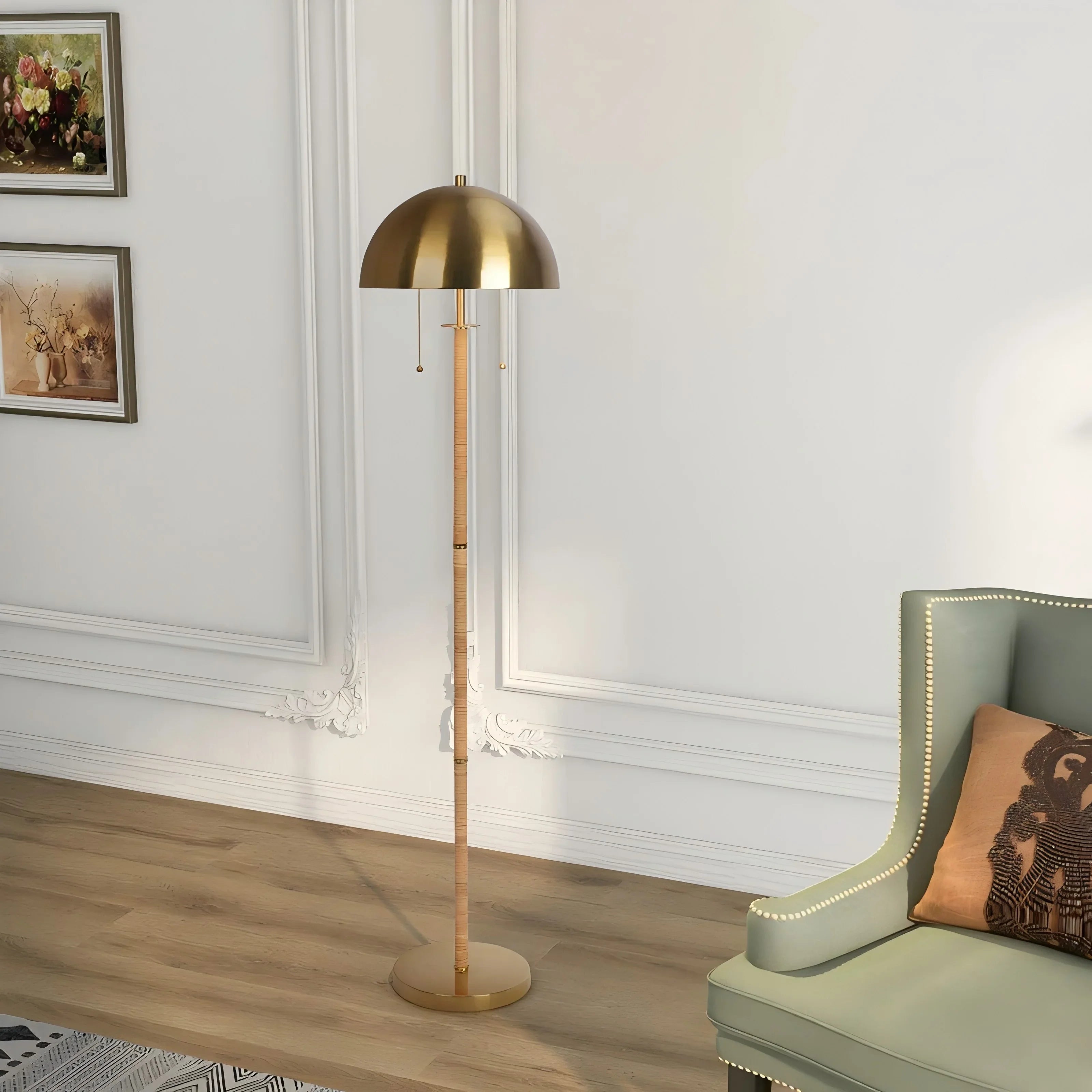 2-Light Floor Lamp Gold Brass Natural Rattan Tube Double On/Off Pull Chain - okeli lights