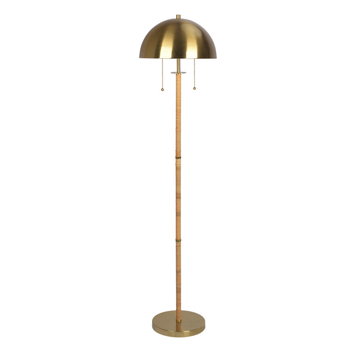 2-Light Floor Lamp Gold Brass Natural Rattan Tube Double On/Off Pull Chain