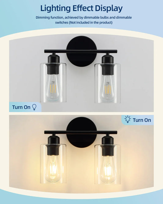2-Light Matte Black Bathroom Light Fixtures Over Mirror with Clear Glass Shade Wall Sconce Light - okeli lights