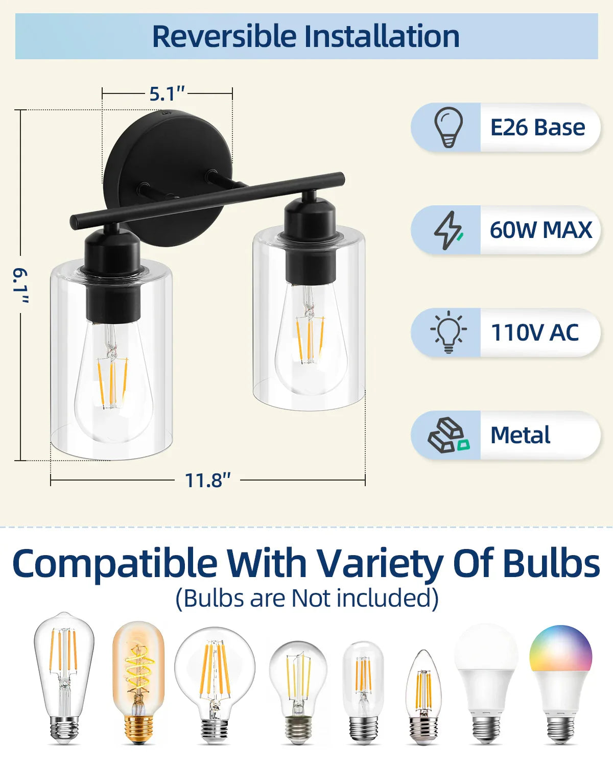 2-Light Matte Black Bathroom Light Fixtures Over Mirror with Clear Glass Shade Wall Sconce Light - okeli lights