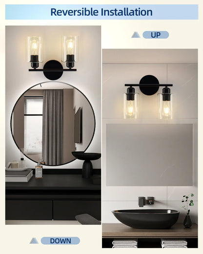 2-Light Matte Black Bathroom Light Fixtures Over Mirror with Clear Glass Shade Wall Sconce Light - okeli lights