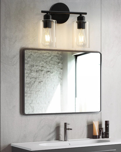 2-Light Matte Black Bathroom Light Fixtures Over Mirror with Clear Glass Shade Wall Sconce Light - okeli lights
