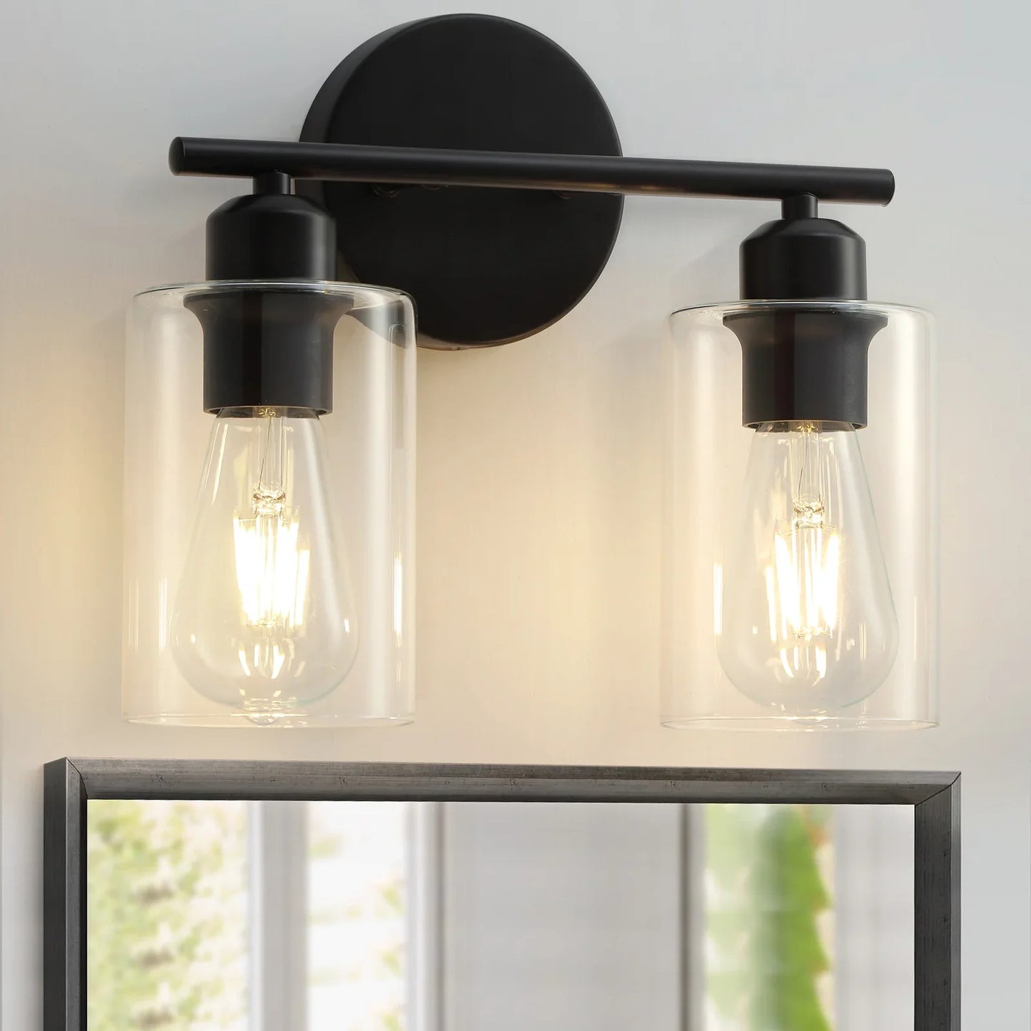 2-Light Matte Black Bathroom Light Fixtures Over Mirror with Clear Glass Shade Wall Sconce Light - okeli lights