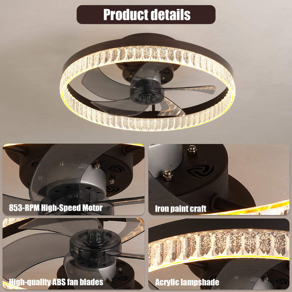 20" Ceiling Fan with LED Light Modern Flush Mount Crystal Ring Design