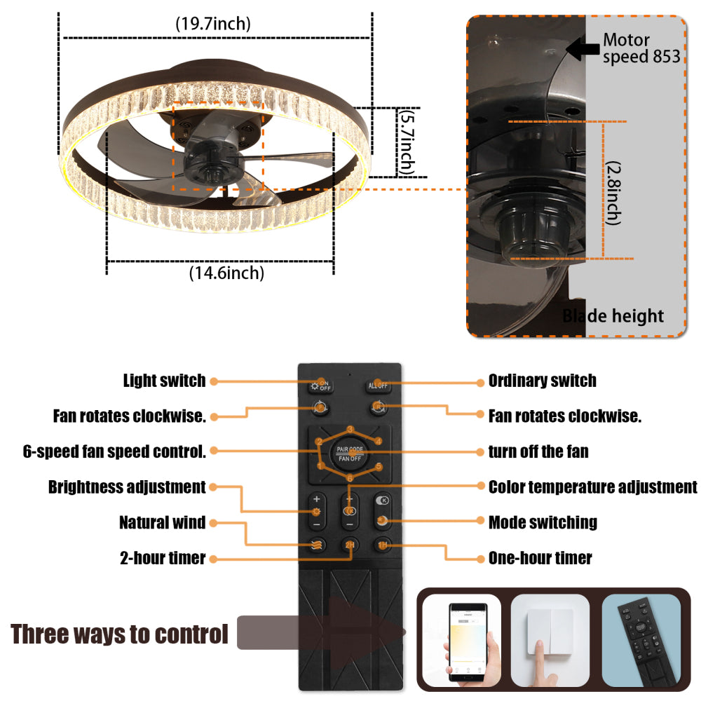 20" Ceiling Fan with LED Light Modern Flush Mount Crystal Ring Design