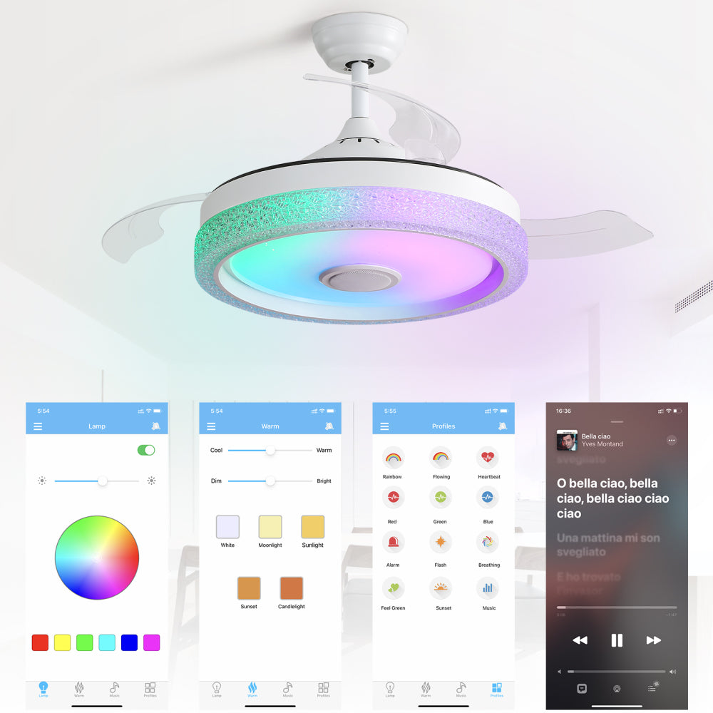 42" Modern Invisible Ceiling Fan with LED Light, RGB Bluetooth Speaker, Remote & APP Control, Reversible DC Motor