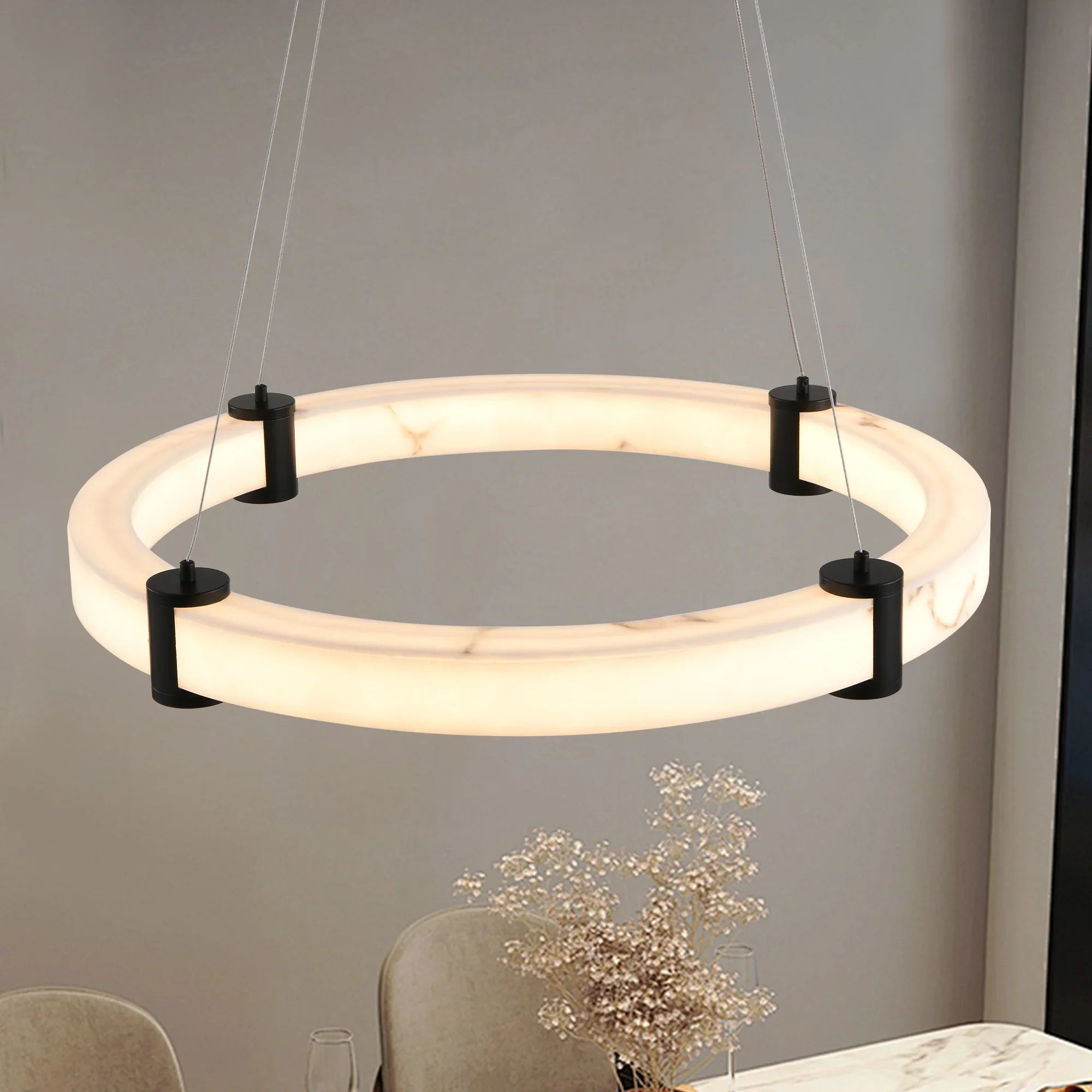 Modern LED Pendant Light, 24-Inch Round Hanging Chandelier with Adjustable Height - okeli lights