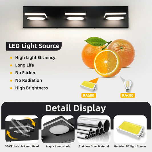 Bathroom Light Fixtures, Matte Black Vanity Light for Bathroom Modern LED Wall Lighting Fixtures Over Mirror, 2-3-4-Light, ETL Listed - okeli lights