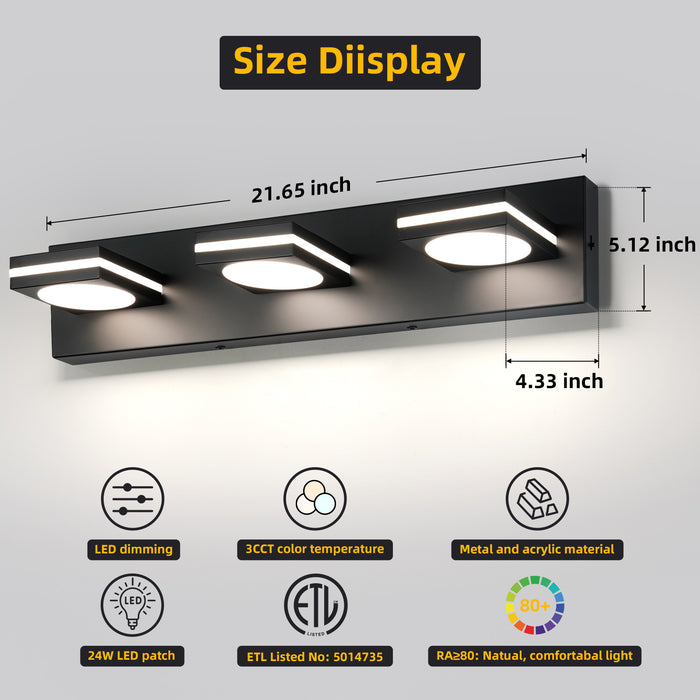 Bathroom Light Fixtures, Matte Black Vanity Light for Bathroom Modern LED Wall Lighting Fixtures Over Mirror, 2-3-4-Light, ETL Listed