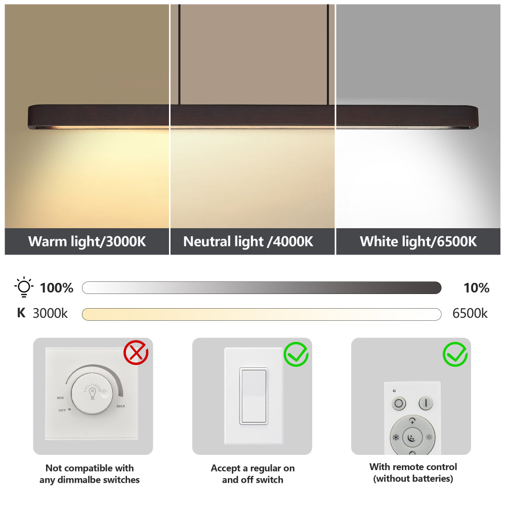 Modern Walnut Wood LED Pendant Light – Adjustable Linear Hanging Light for Dining Room, Kitchen & Living Room (39" / 51")