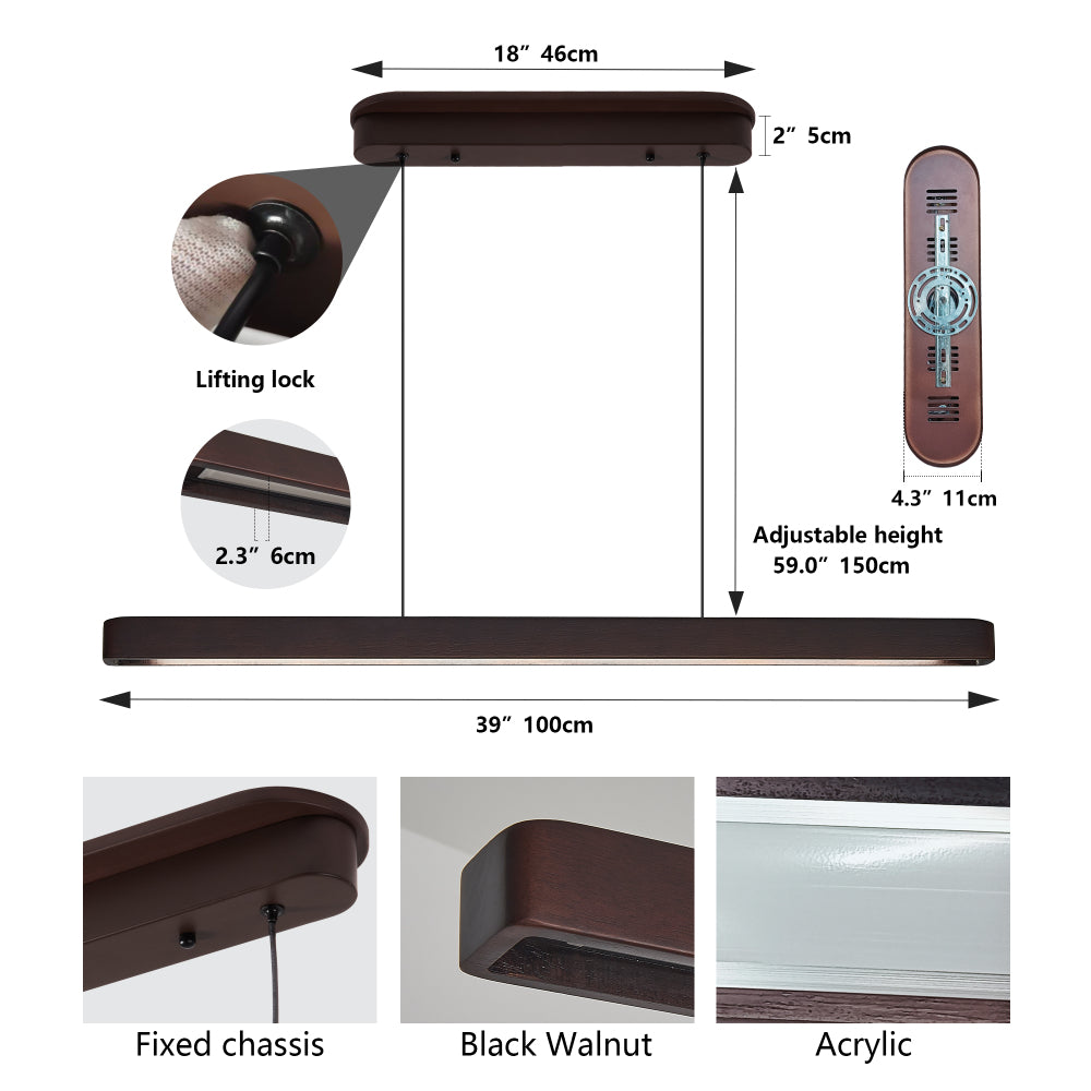 Modern Walnut Wood LED Pendant Light – Adjustable Linear Hanging Light for Dining Room, Kitchen & Living Room (39" / 51")