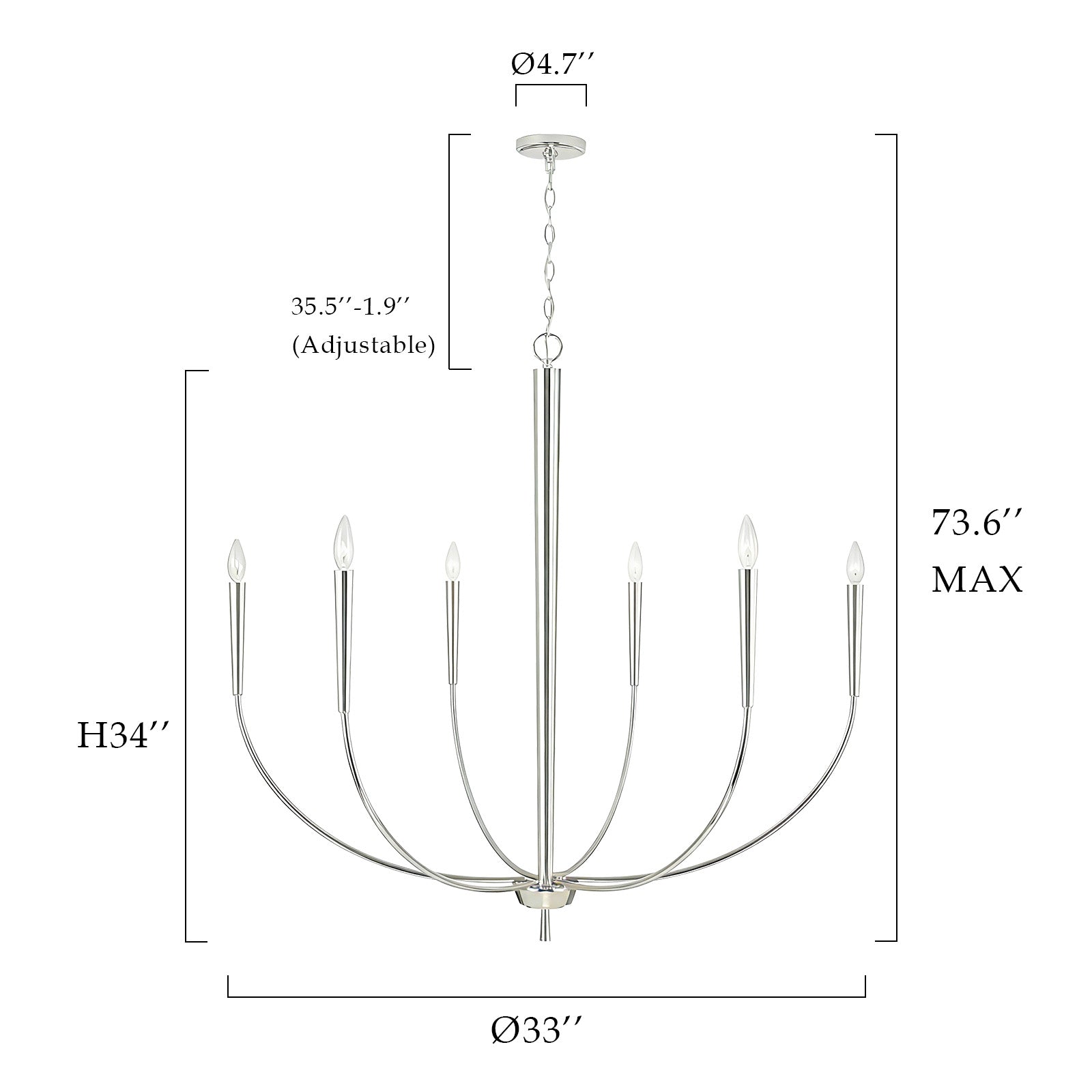 34-Inch Luxury Dimmable Brushed Nickel 6-Light Chandelier Adjustable