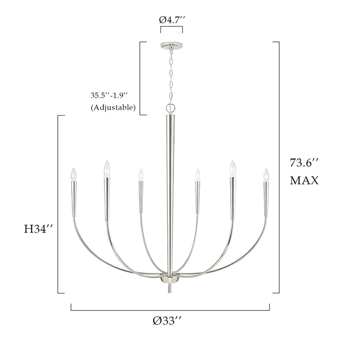 34-Inch Luxury Dimmable Brushed Nickel 6-Light Chandelier Adjustable