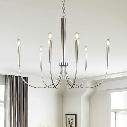34-Inch Luxury Dimmable Brushed Nickel 6-Light Chandelier Adjustable - okeli lights