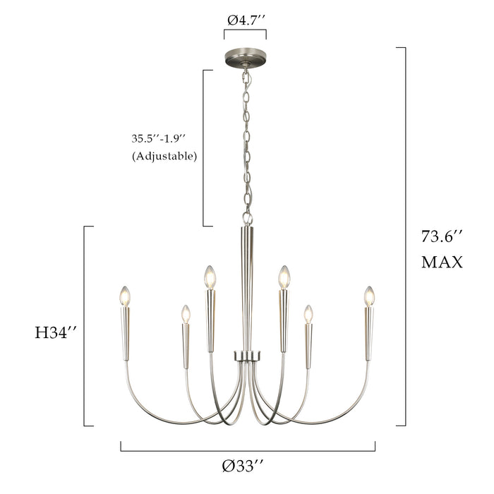 34-Inch Luxury Dimmable Brushed Nickel 6-Light Chandelier Adjustable