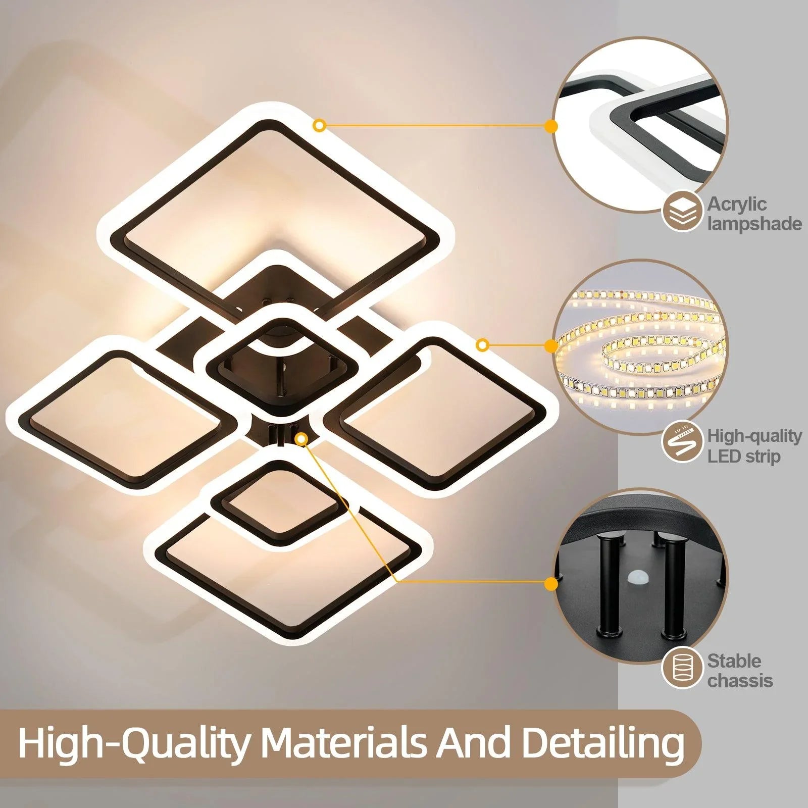 Modern Ceiling Light LED Dimmable Acrylic Square 6+1 Rings with Remote - okeli lights