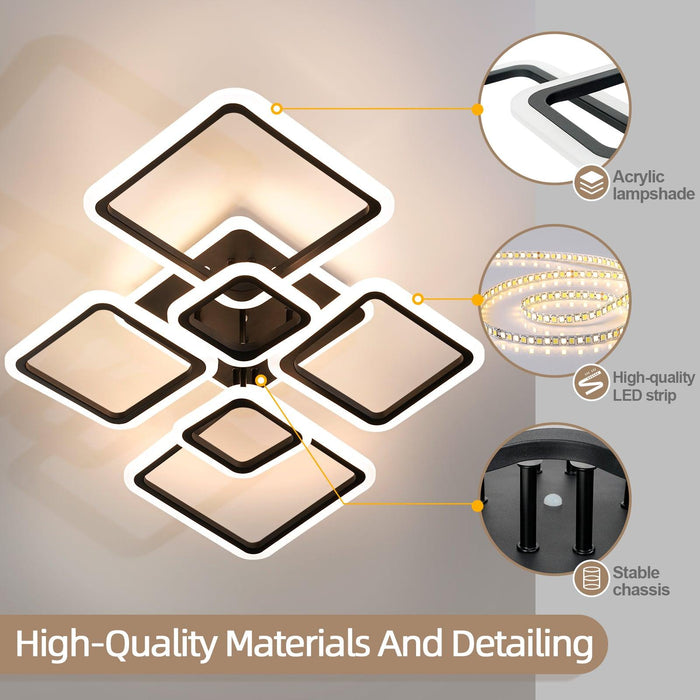 Modern Ceiling Light LED Dimmable Acrylic Square 6+1 Rings with Remote - okeli lights