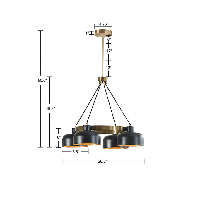 4-Light Metal Shade Chandelier Mid-Century Modern Black & Gold Ceiling Light for Dining Room & Living Room