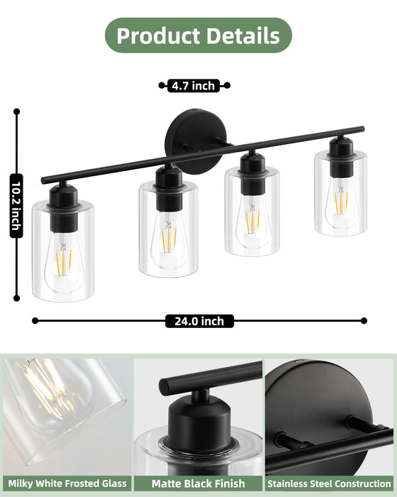 Black four-light wall-mounted bathroom light with clear shades