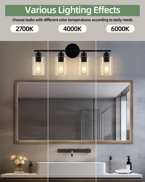 Black four-light bathroom light bar with clear glass covers