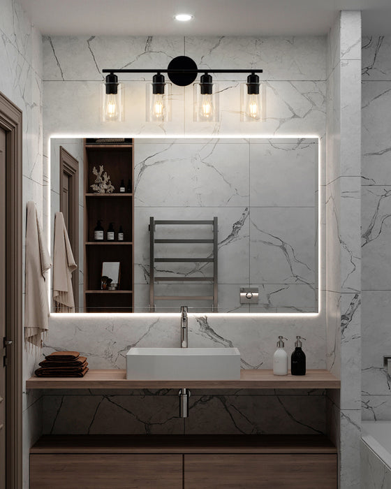 Black four-lamp LED vanity light with clear glass