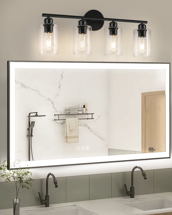 Black bar vanity light with four clear round shades