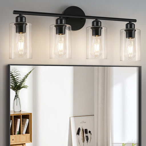 Modern black 4-lamp vanity bar with clear glass shades