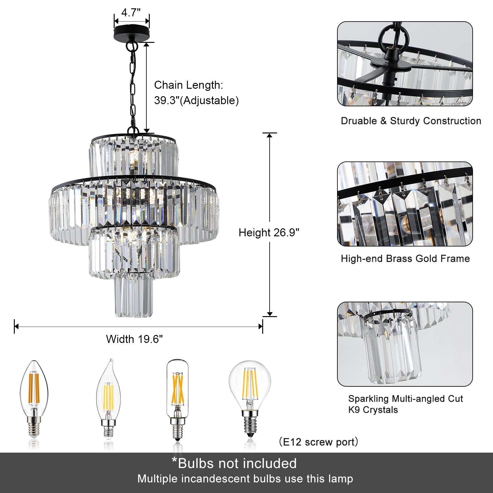 20" Modern Crystal Chandelier with Black Finish 4-Tier Design Elegant Fixture